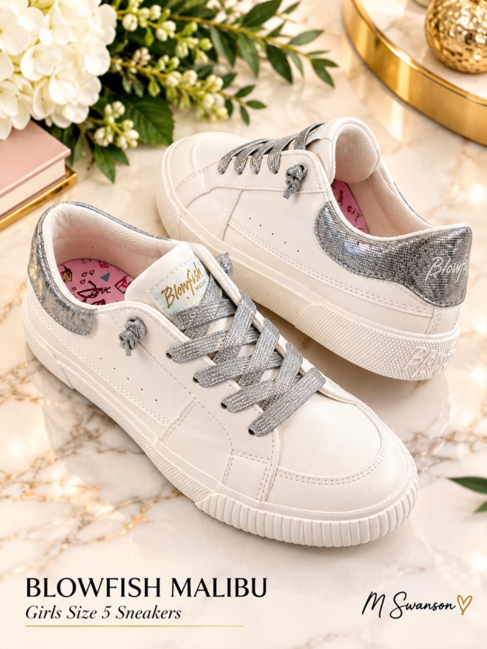 Blowfish Malibu Cambria-K Girls Size 5Y White/Silver Sneakers NWT